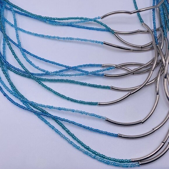 Laura Ashley Blue Seed Bead Silvertone Multi Strand Long Necklace 22” New - Picture 2 of 4